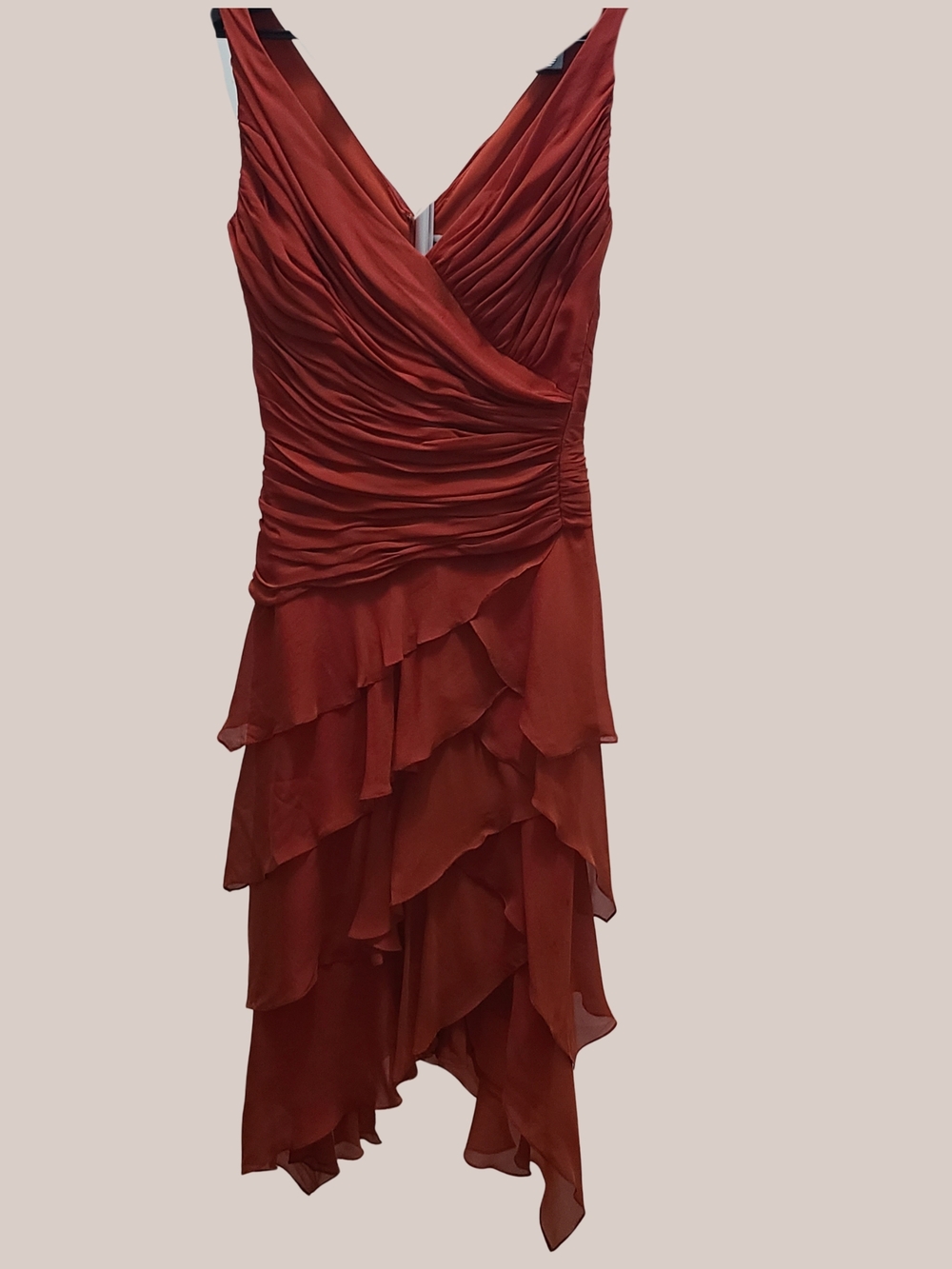 90s TADASHI Rust Red Silk Ruffled V-Neck Evening Dress